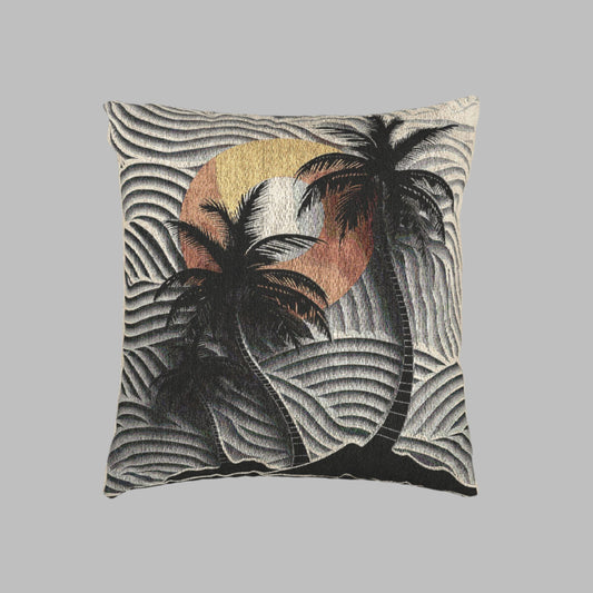 Polynesian-Inspired Woven Pillow – Beach & Palm Tree Vector Graphic front view