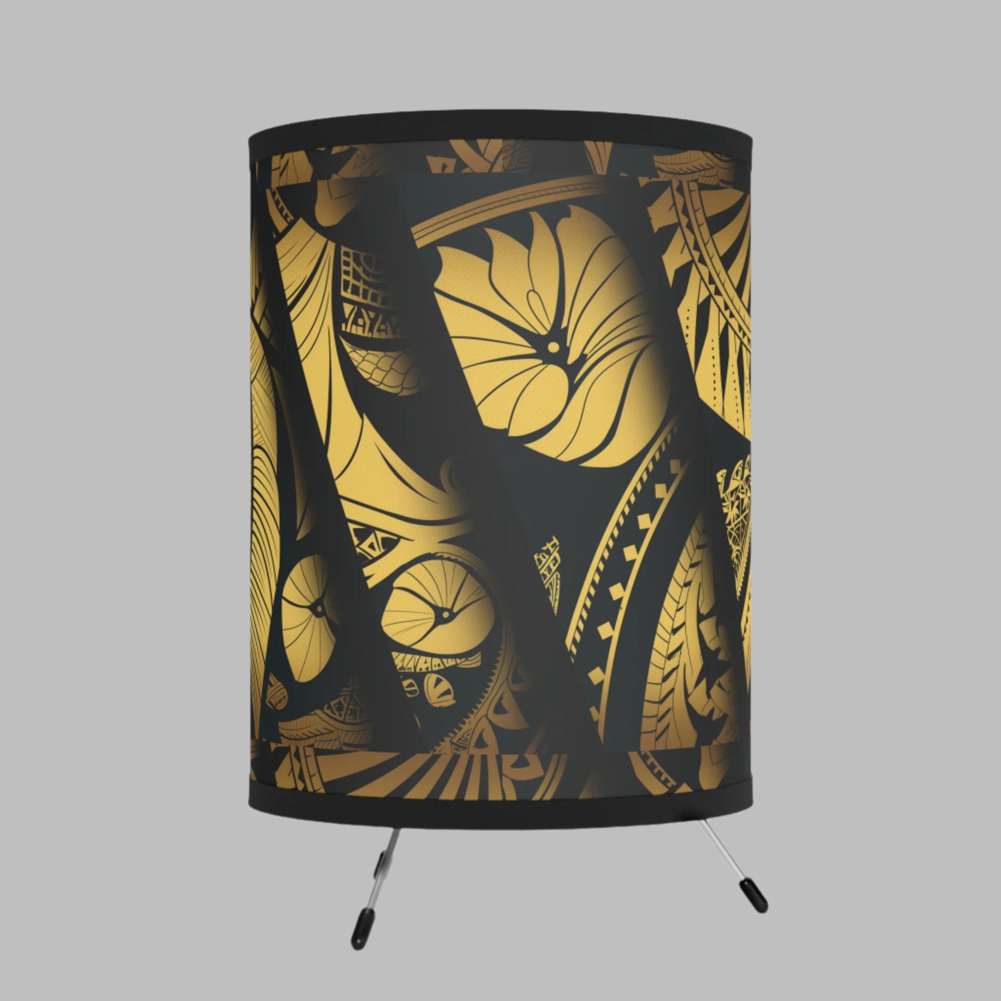 Polynesian-Inspired Elegant Tripod Lamp with Gold Shade front view