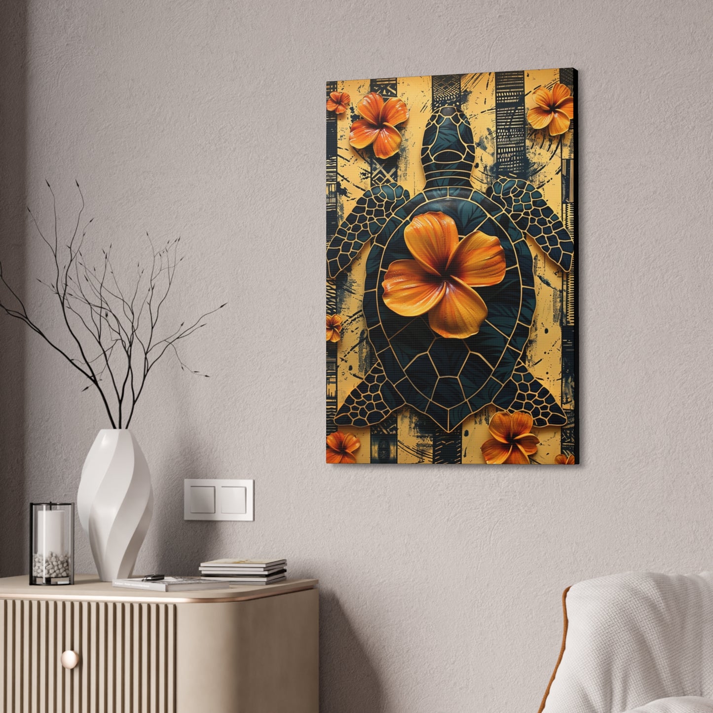 Polynesian-Inspired Turtle with Floral Designs – 24" x 36" Stretched Canvas hanging on a wall side angle view