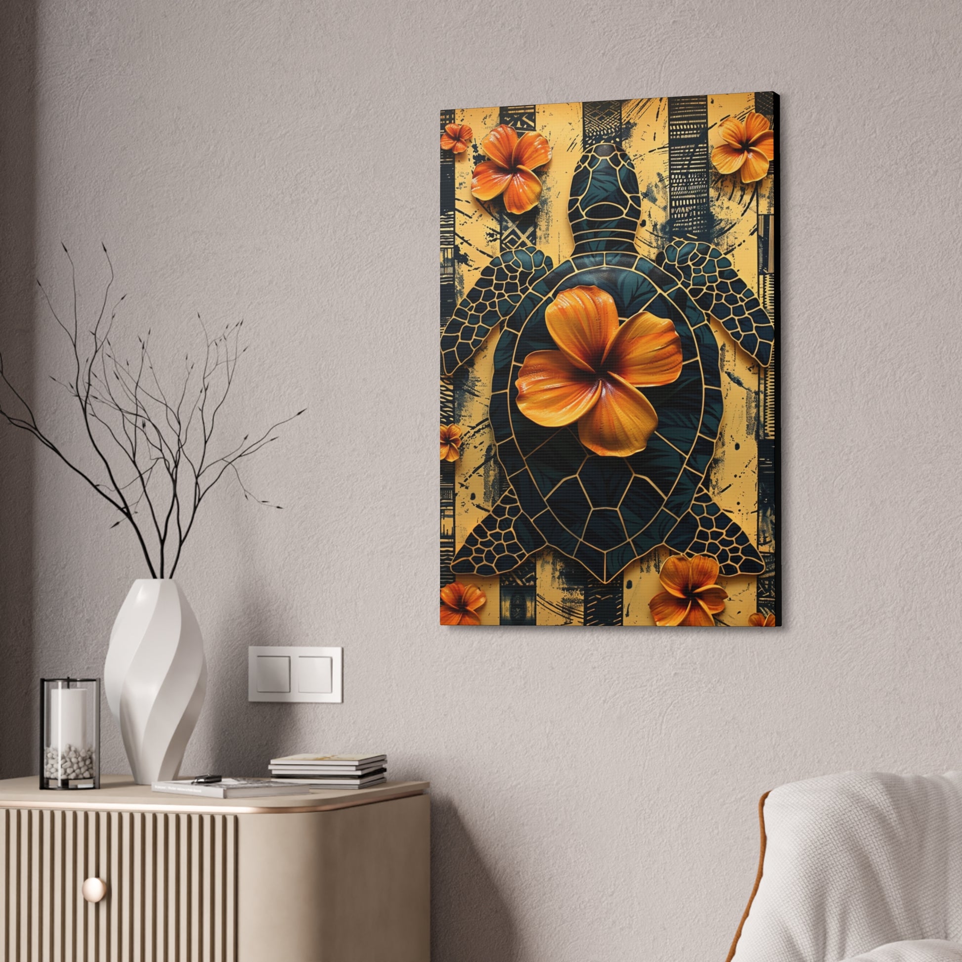 Polynesian-Inspired Turtle with Floral Designs – 24" x 36" Stretched Canvas hanging on a wall side angle view