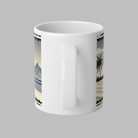 Polynesian-Inspired Jumbo 20oz Mug with Tropical Beach & Tribal Pattern Design side view with handle