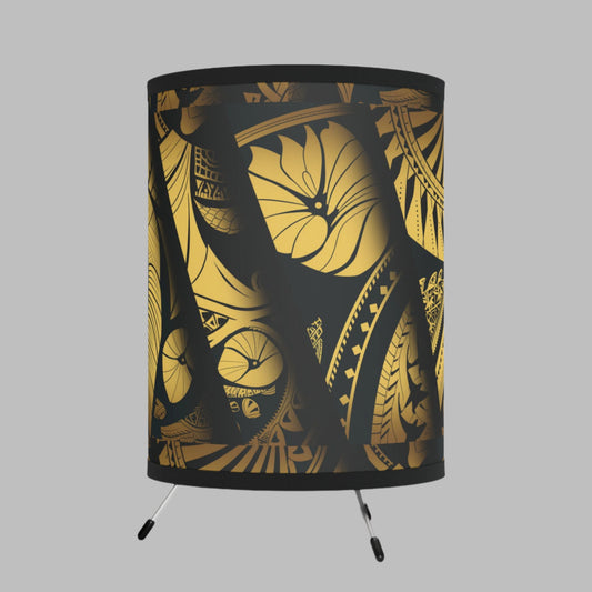 Polynesian-Inspired Elegant Tripod Lamp with Gold Shade side view