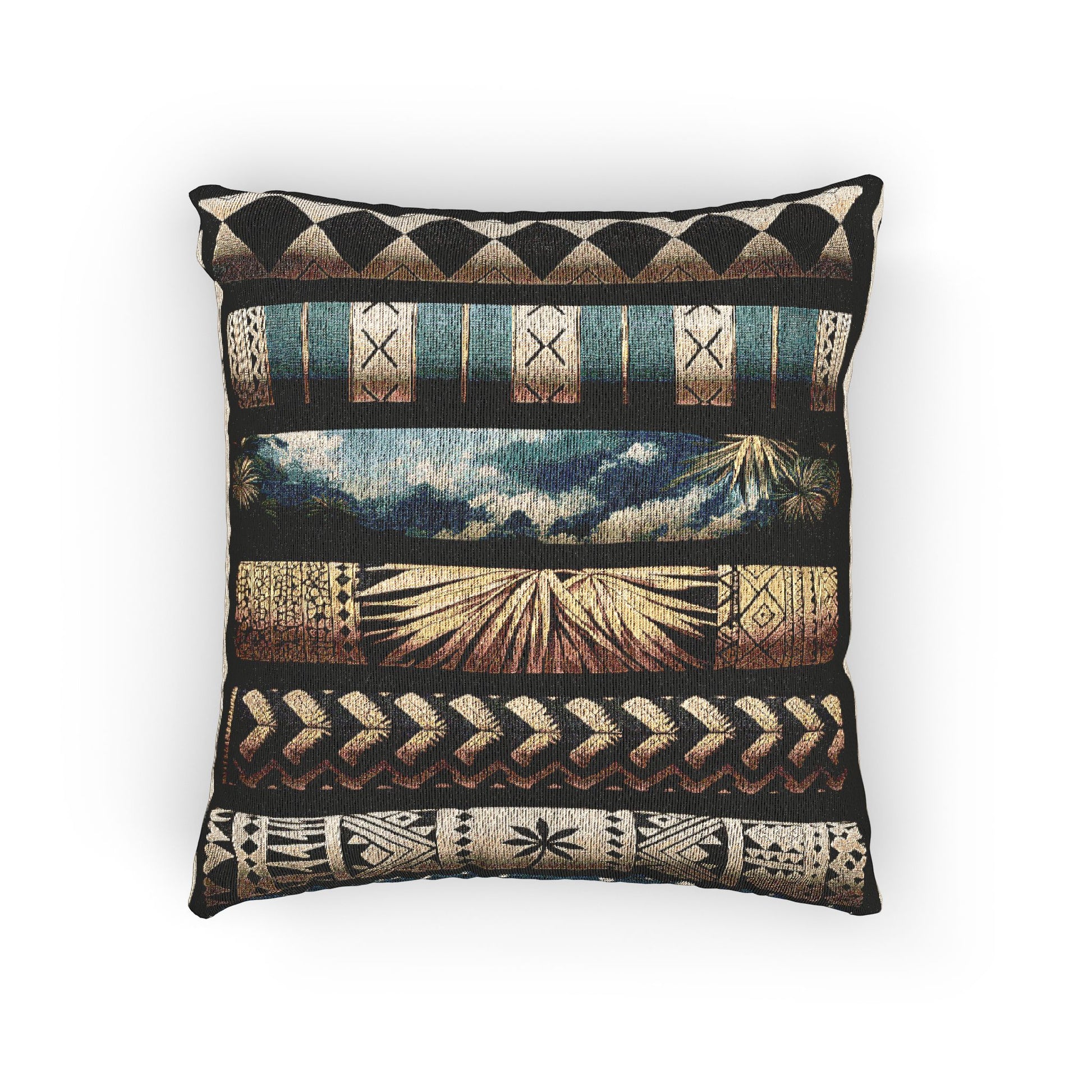 Polynesian-Inspired Tattoo Graphic – Rustic Woven Pillow top view