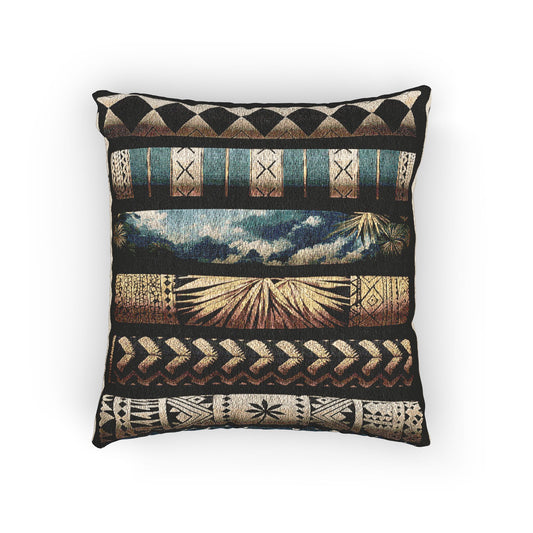 Polynesian-Inspired Tattoo Graphic – Rustic Woven Pillow top view