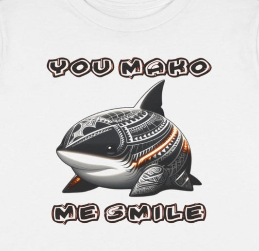"You Mako Me Smile" Toddler T-Shirt – Cute Polynesian Shark Cartoon Tee front close up view