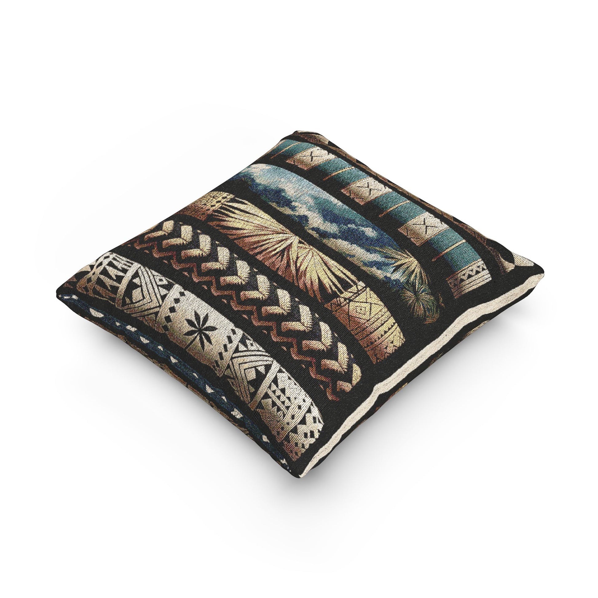 Polynesian-Inspired Tattoo Graphic – Rustic Woven Pillow top angle view