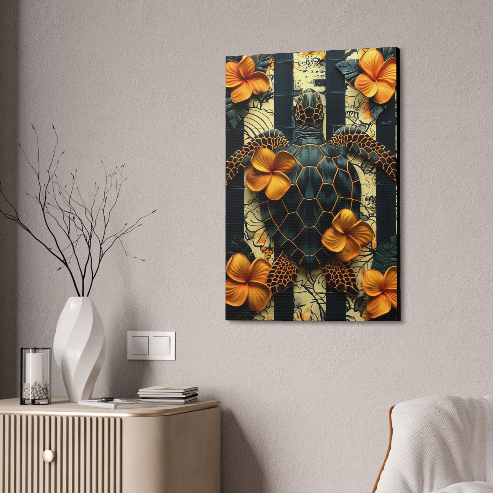 Polynesian-Inspired Turtle with Floral Designs – 24" x 36" Stretched Canvas hanging on a wall side angle view