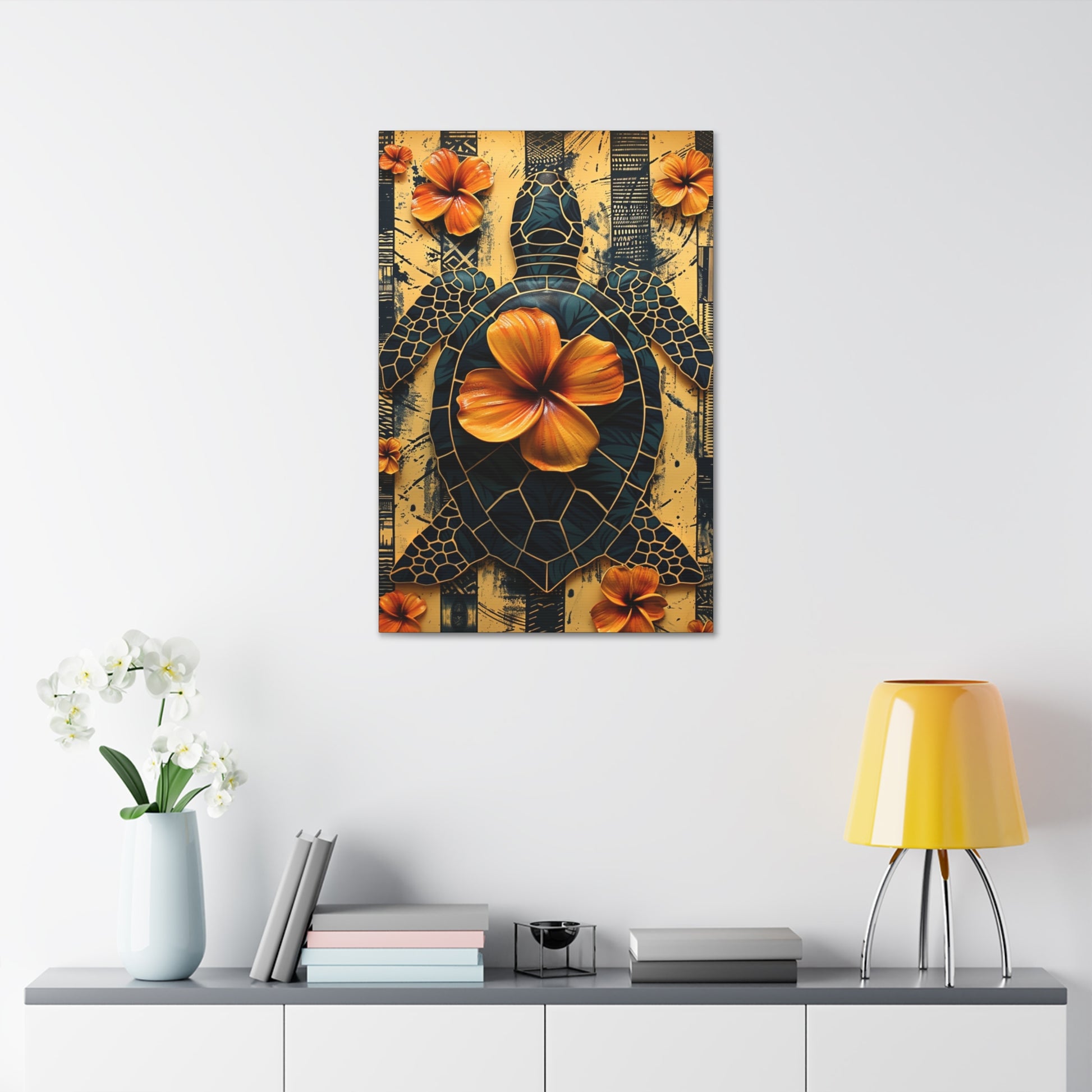 Polynesian-Inspired Turtle with Floral Designs – 24" x 36" Stretched Canvas hanging on a wall front view