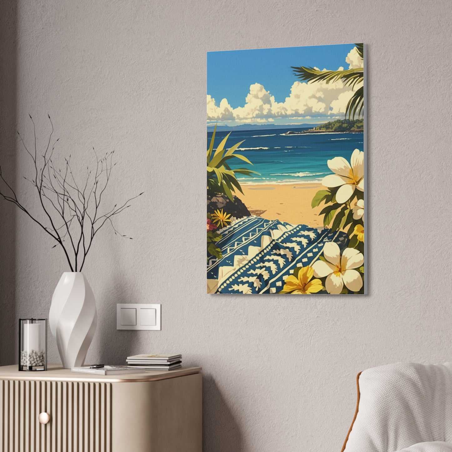 Serene Beach View Art Piece – 24" x 36" Stretched Canvas hanging on a wall side angle view