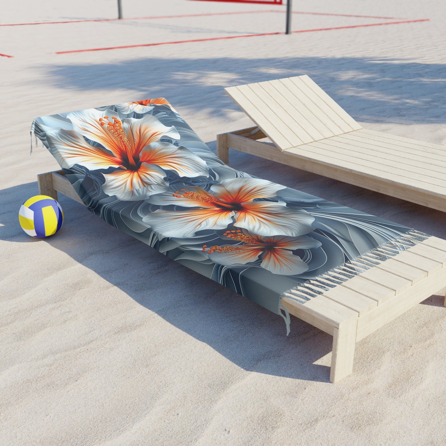 Boho Beach Towel – Frangipani Floral Design top side angle view