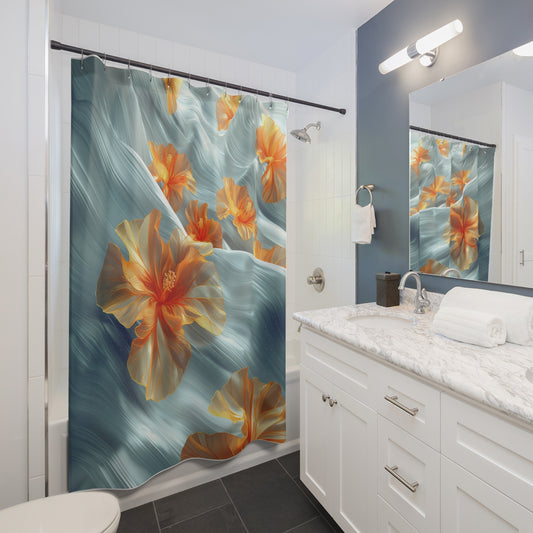 Hibiscus Floral Shower Curtain – Tropical Elegance for Your Bathroom hanging side view