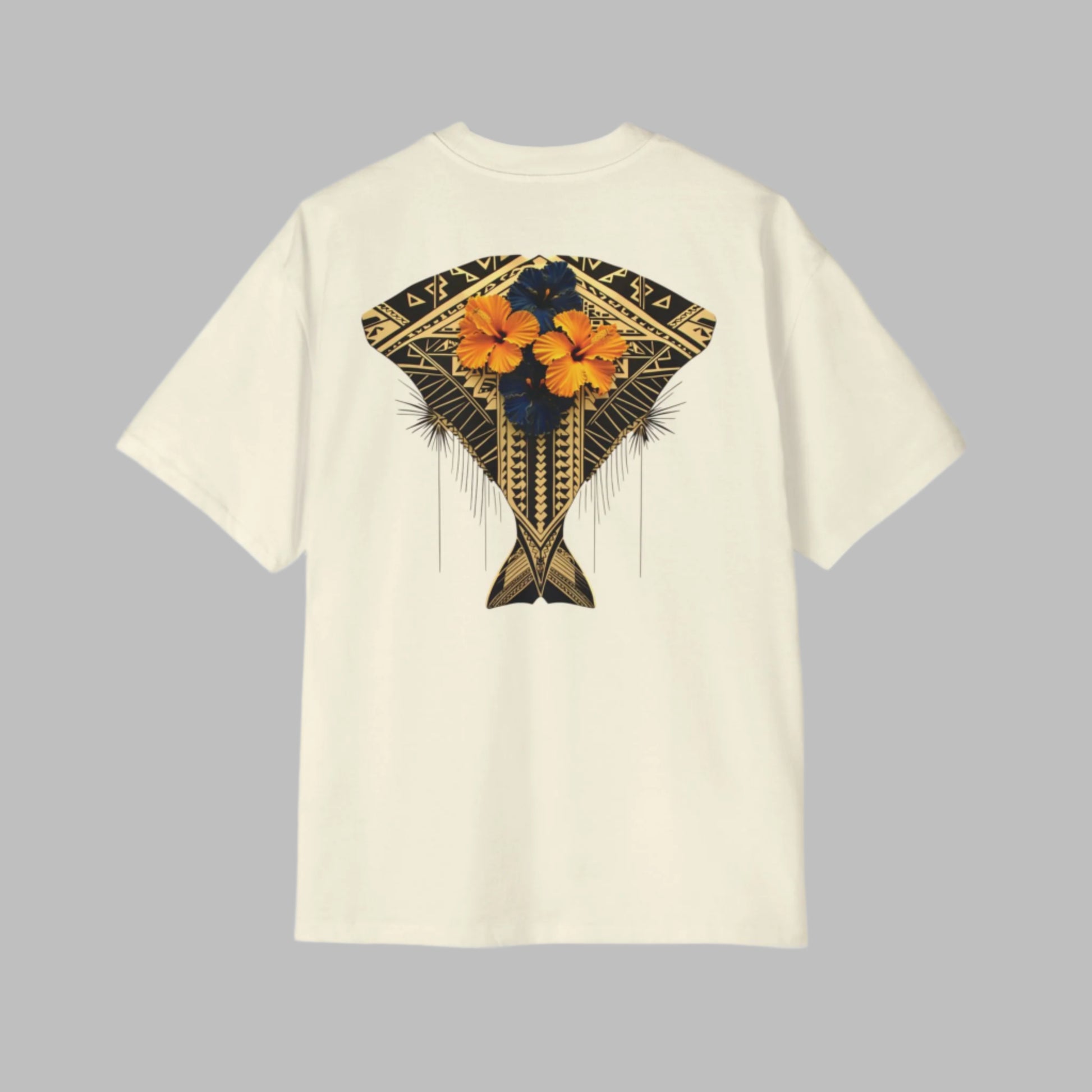 Polynesian-Inspired Men’s Oversized T-Shirt – Butter Color with Stingray Tattoo Graphic back view