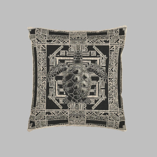 Polynesian-Inspired Rustic Woven Pillow – Turtle & Tattoo Graphic Design top view