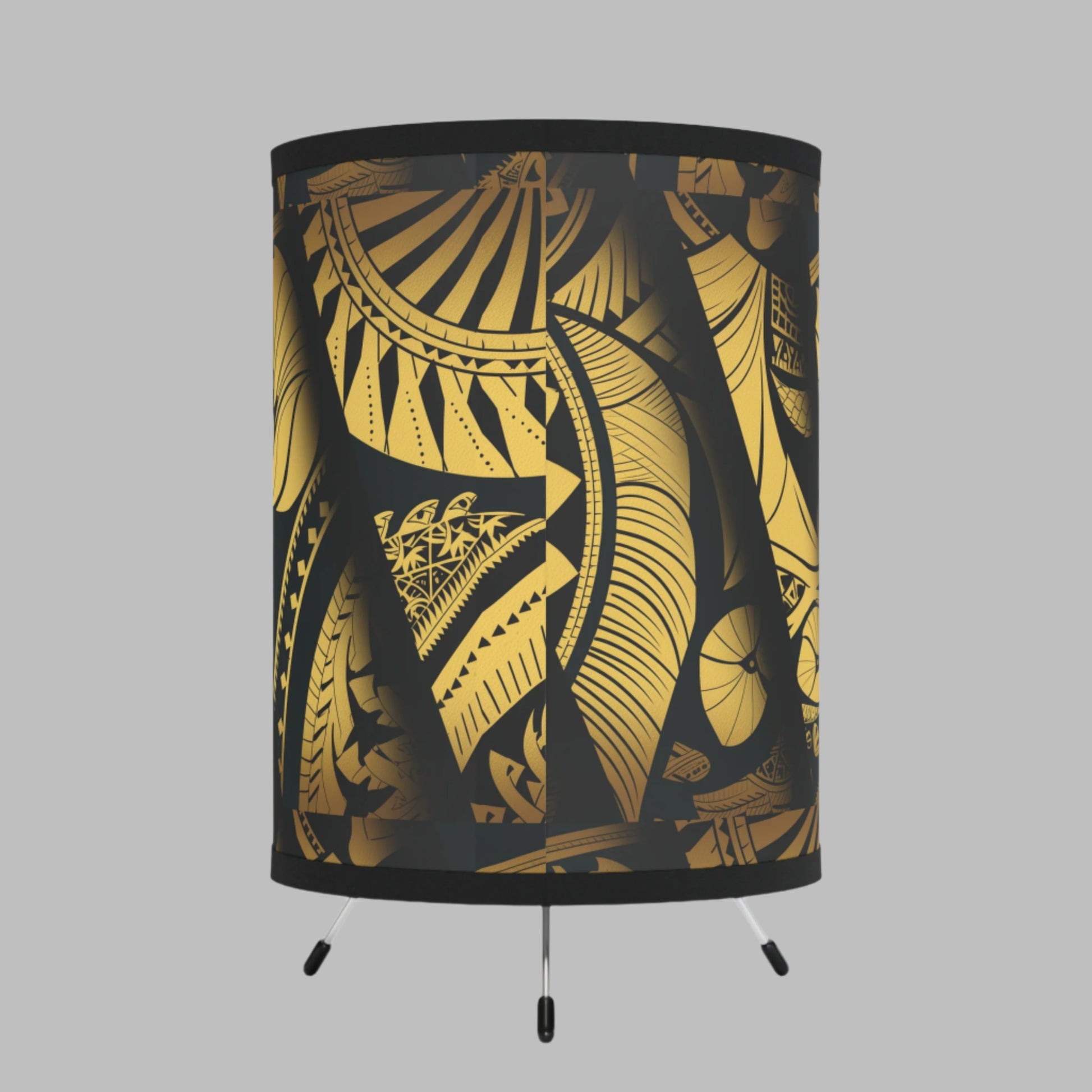 Polynesian-Inspired Elegant Tripod Lamp with Gold Shade back view