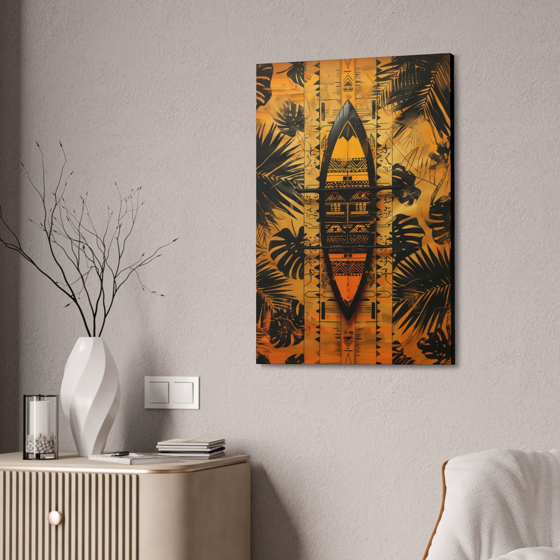 Polynesian Canoe Art Piece – 24" x 36" Stretched Canvas hanging on a wall side angle view