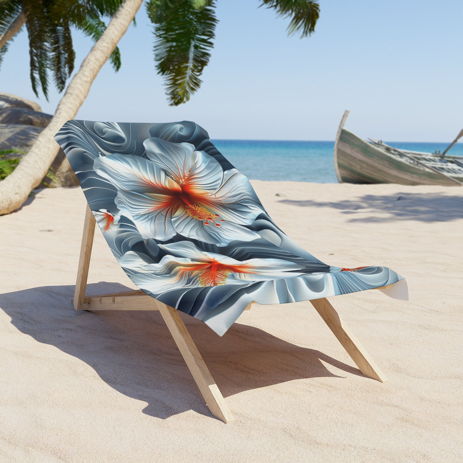 Polynesian-Inspired Boho Beach Towel – Frangipani Floral Design low angle side view