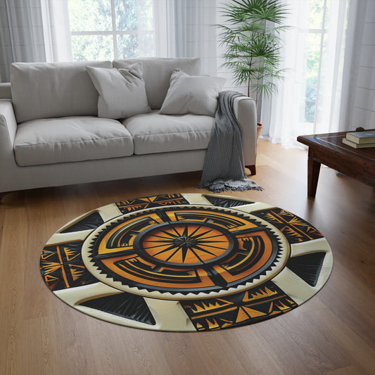 Polynesian-Inspired Round Rug top side angle view