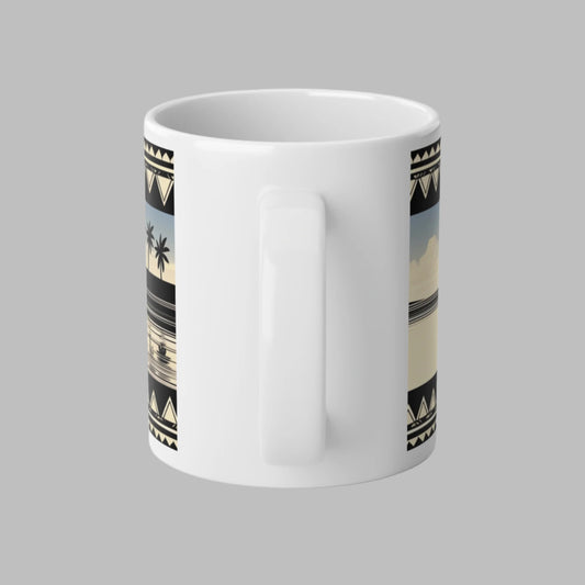 Polynesian-Inspired Jumbo 20oz Mug with Tropical Beach & Tribal Pattern Design side view with handle