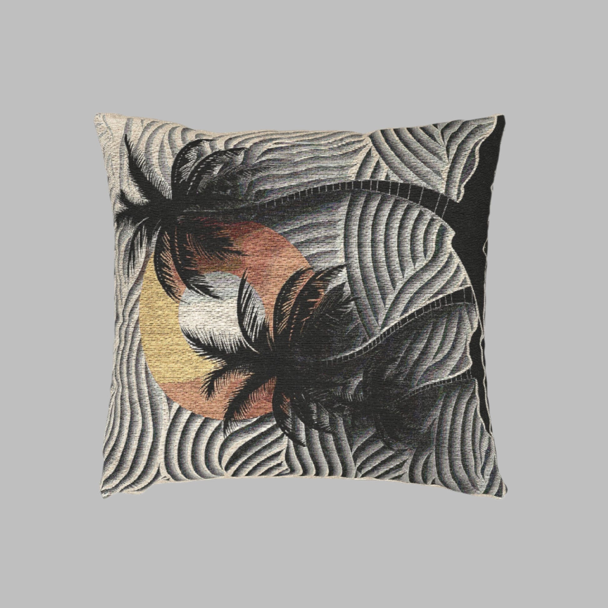 Polynesian-Inspired Woven Pillow – Beach & Palm Tree Vector Graphic top view 