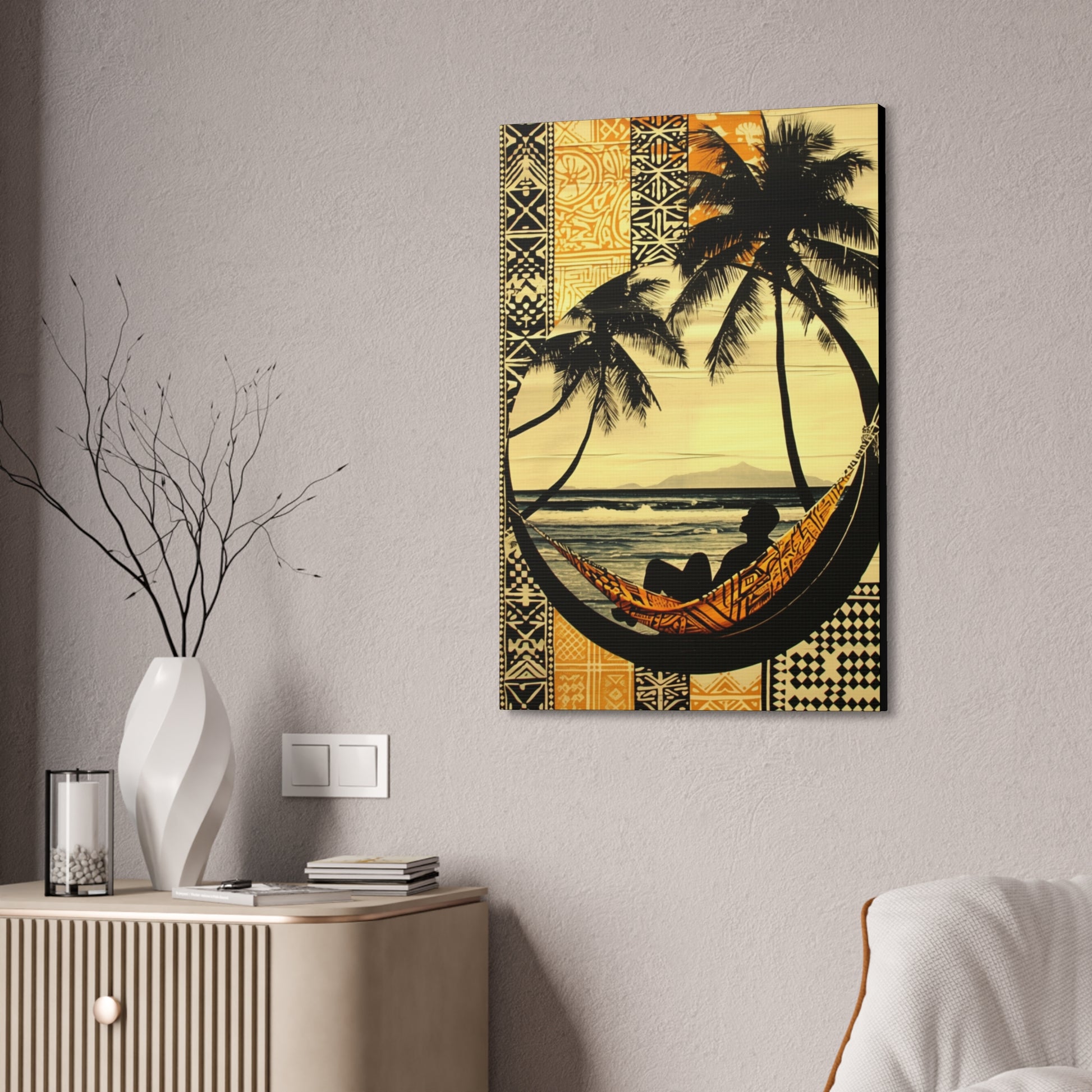 Polynesian Paradise Beach View Art Piece – Hammock Silhouette on 24" x 36" Stretched Canvas hanging on a wall side angle view